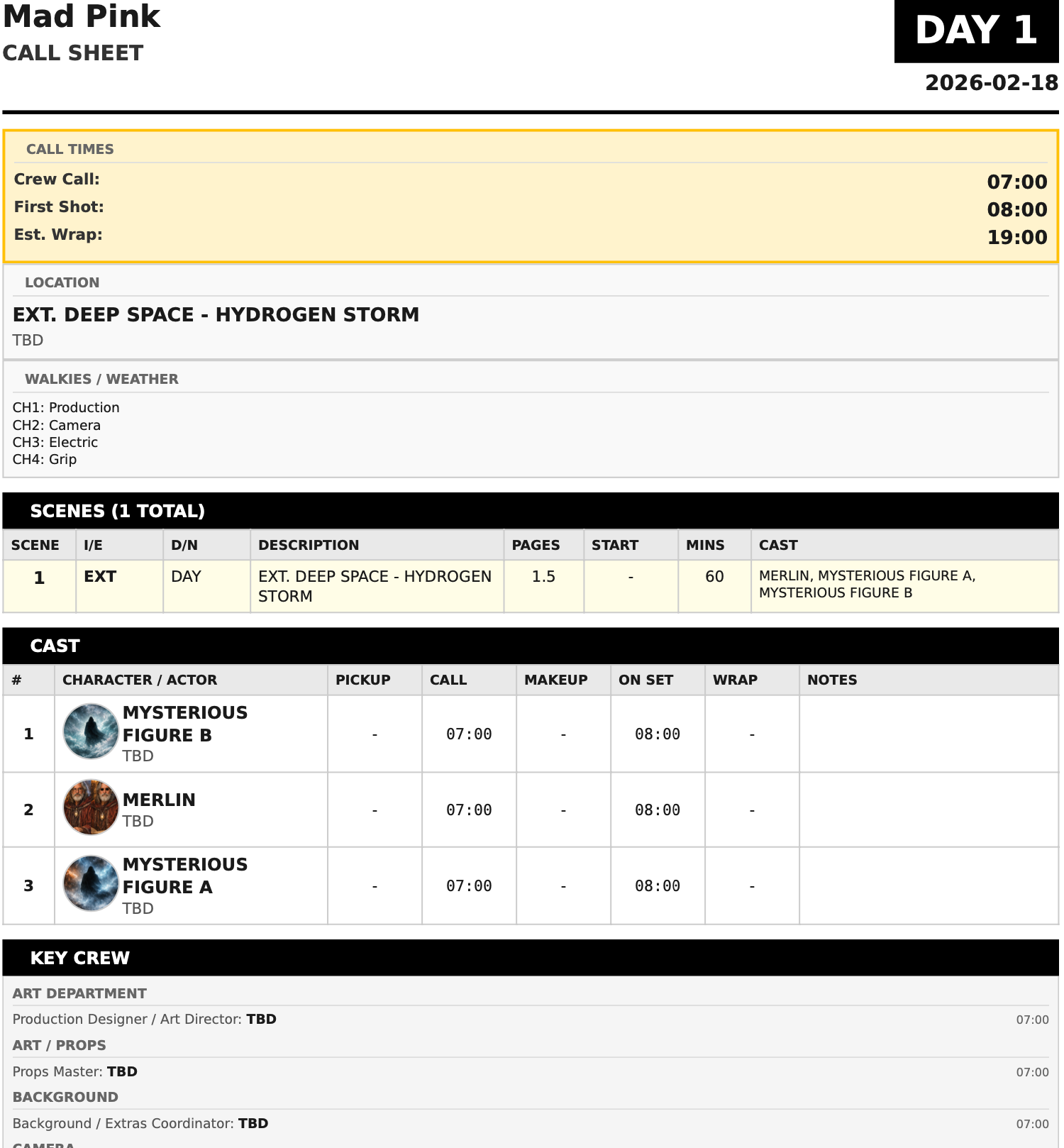House Lights automated call sheet for Mad Pink Day 1 showing crew call times, cast, and scene details